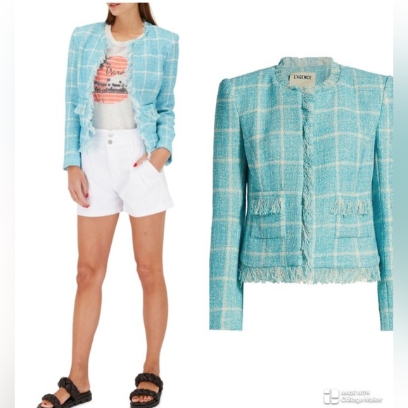L’Agence Angelina blue checkered tweed blazer jacket - Picture 1 of 5